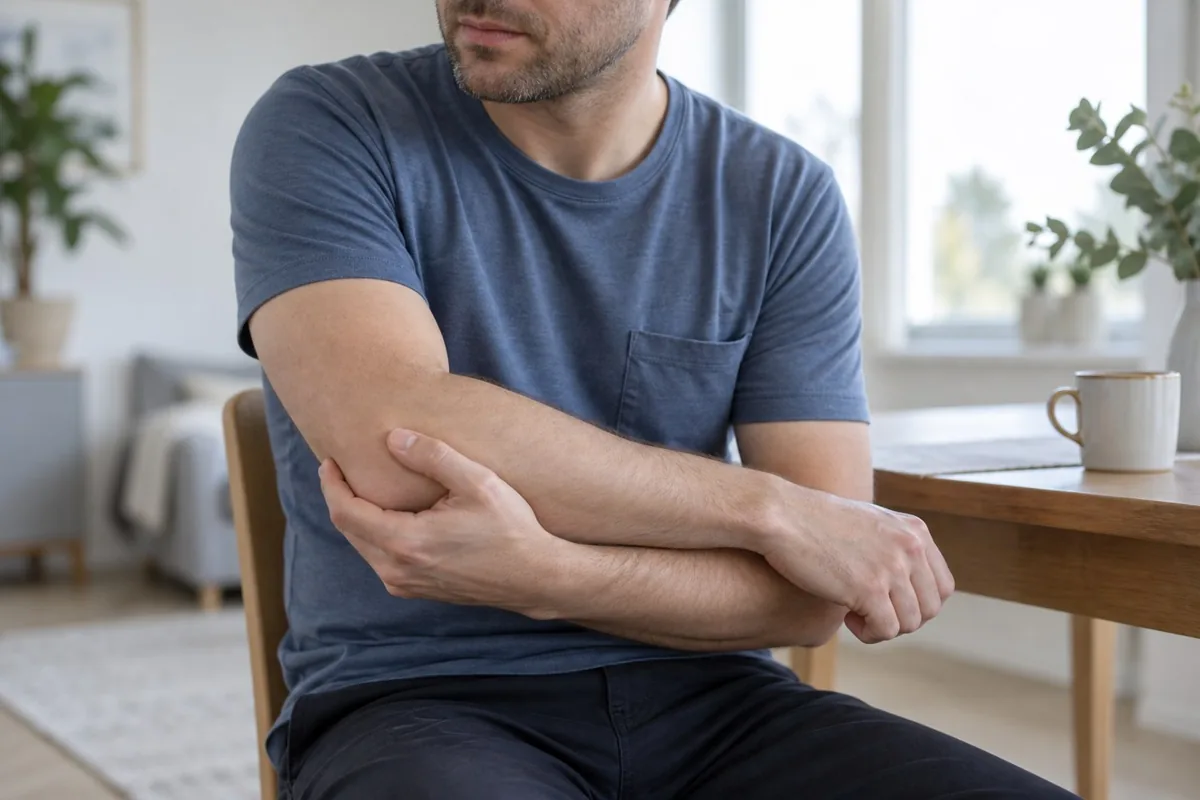Man som stödjer armbågen med den andra handen