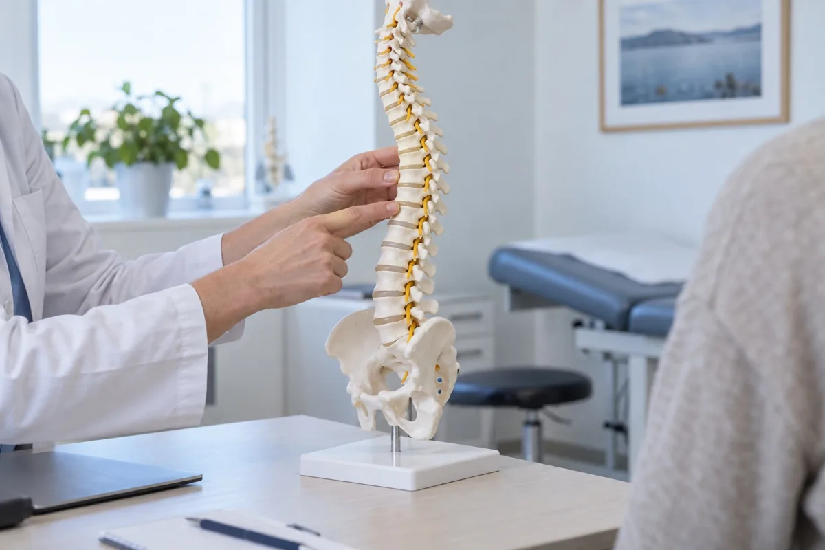 Läkare visar ryggradens delar på en anatomisk modell