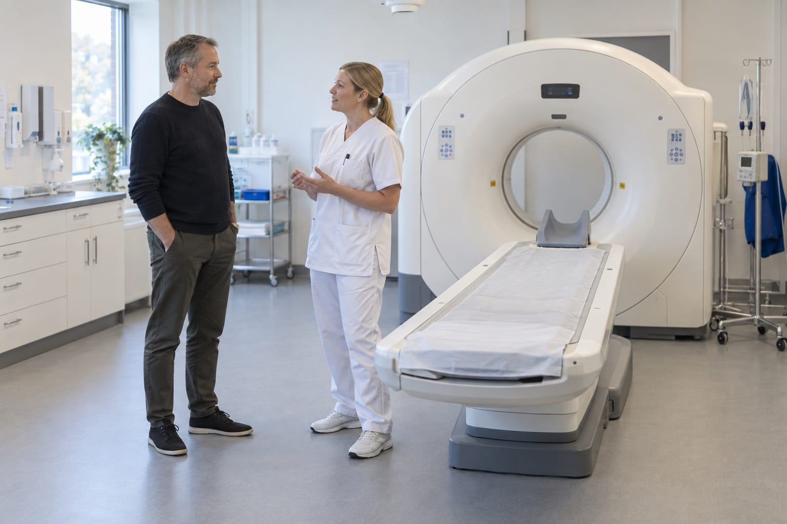 Patient och röntgensjuksköterska står bredvid en CT-apparat inför CT buk med kontrast
