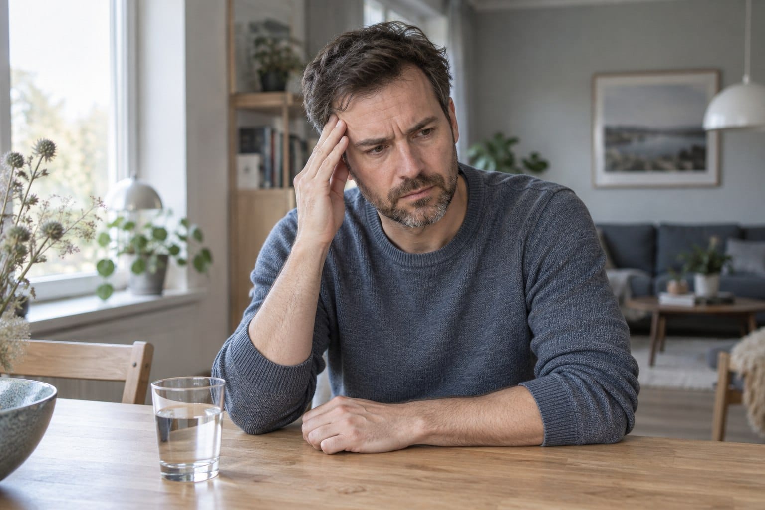 Man med huvudvärk håller handen mot tinningen hemma