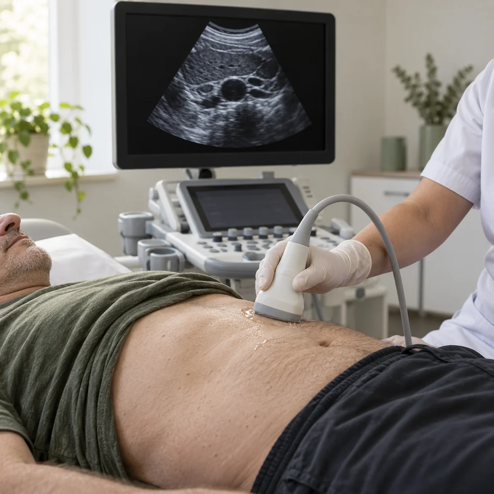 En vårdhand håller en ultraljudsgivare mot en patients mage.