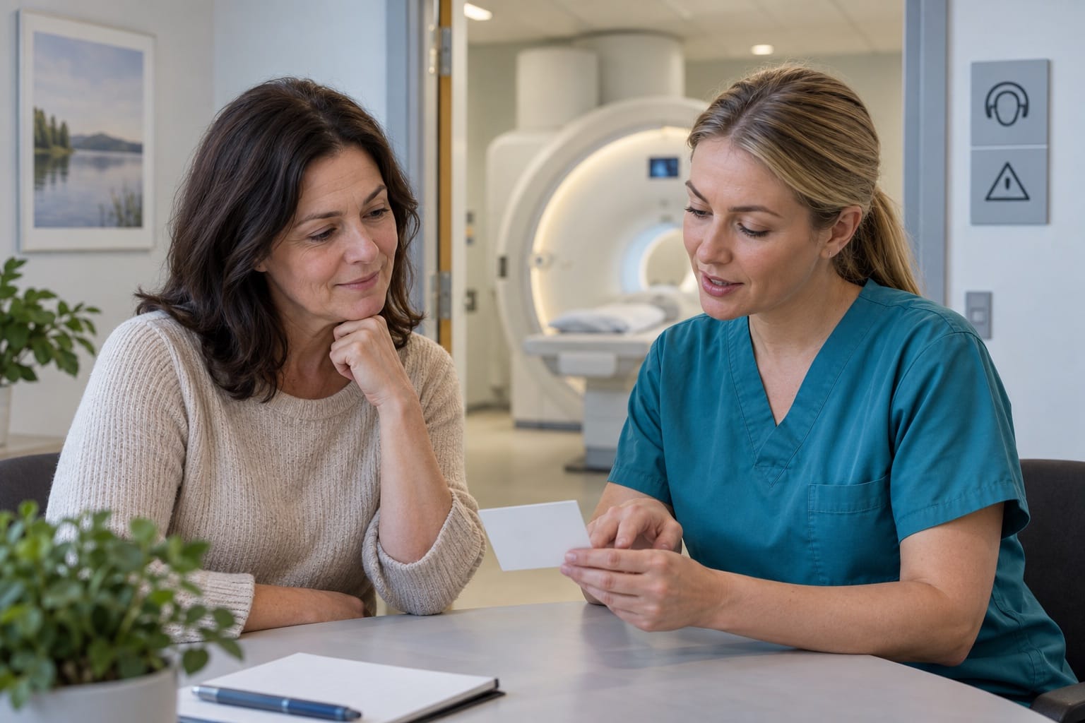 Illustration av ett samtal om implantat inför en MR-undersökning