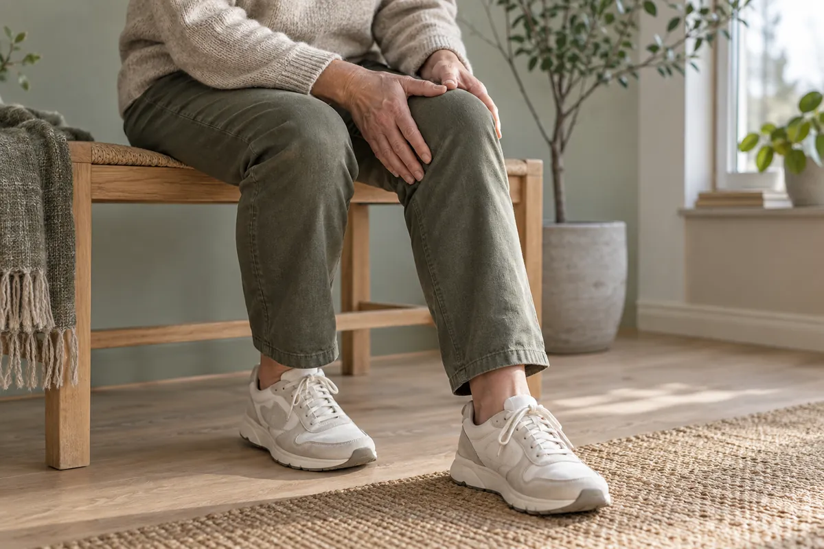Person sitter på en bänk med händerna vilande på ett knä