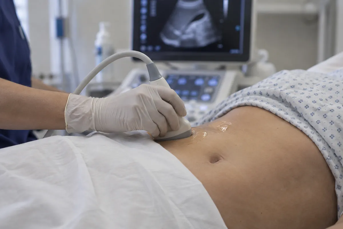 En ultraljudsgivare hålls mot övre delen av magen under en undersökning