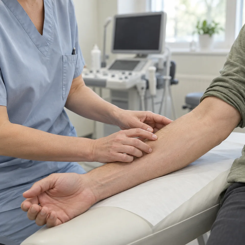 Vårdpersonal undersöker en underarm inför bedömning av en ytlig knöl