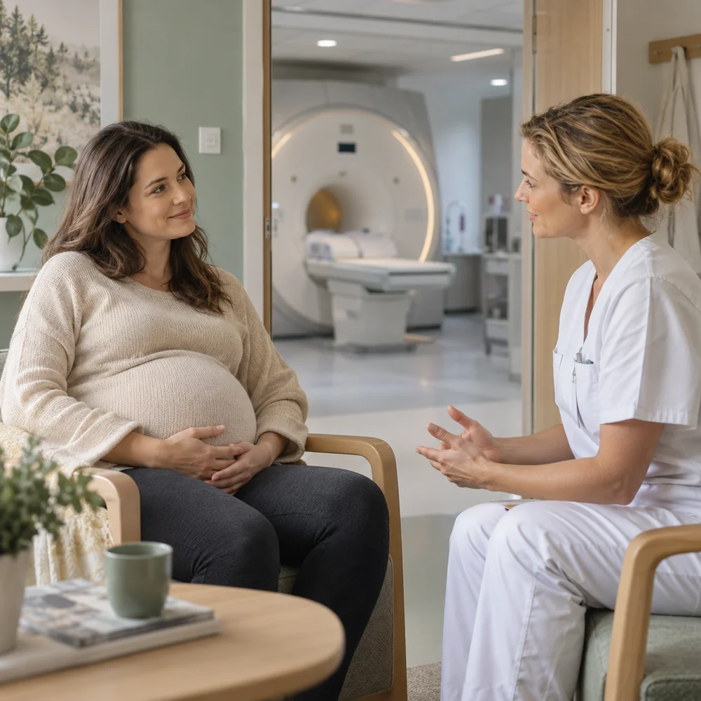 Gravid kvinna samtalar med vårdpersonal inför en eventuell MR-undersökning