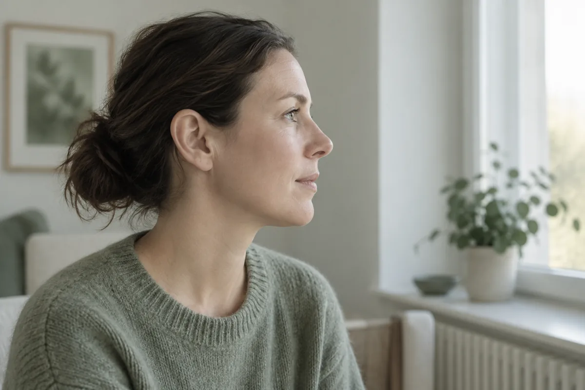 Kvinna i profil med örat synligt i ett lugnt rum