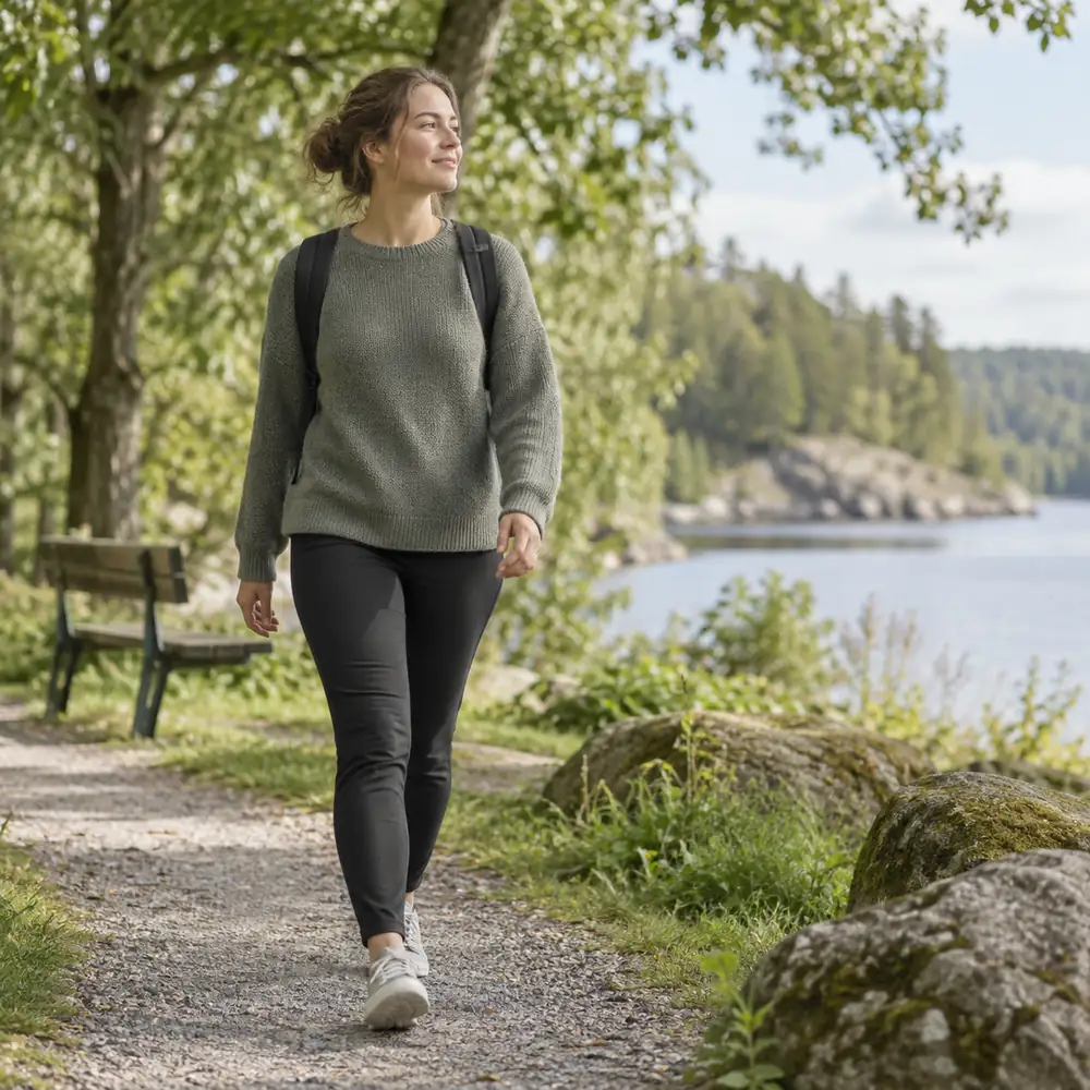 En ung vuxen promenerar lugnt i en grön park