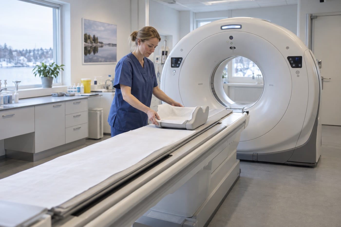 Personal förbereder en datortomograf inför CT av bihålor