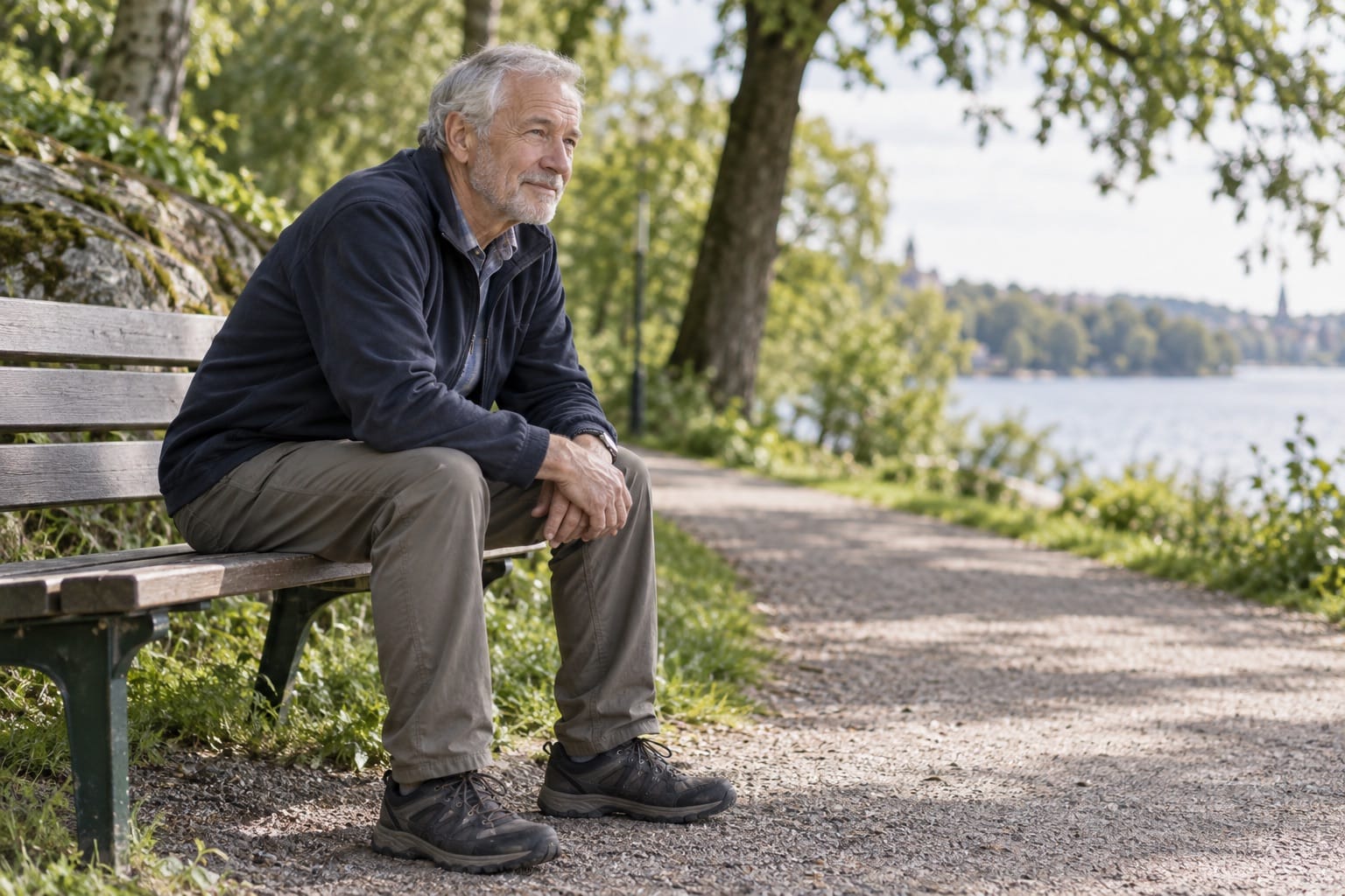 Äldre man vilar framåtlutad på en parkbänk under en promenad