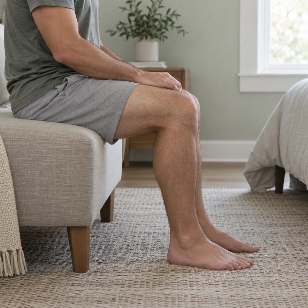 En person sitter på en bänk med ett naturligt böjt knä och händerna på låret.