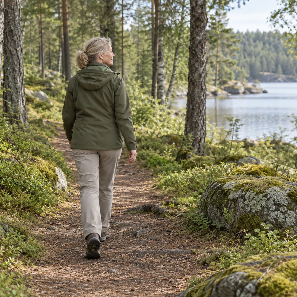 En kvinna promenerar lugnt på en plan skogsstig.
