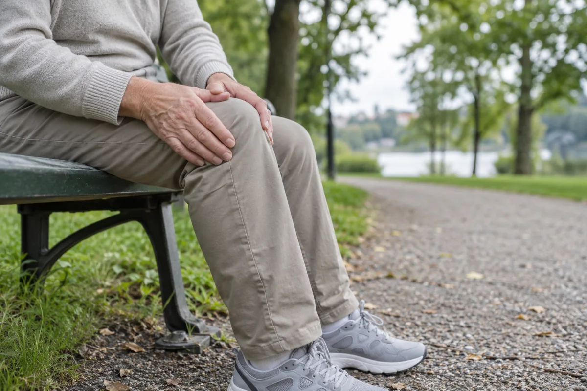 En äldre person sitter på en parkbänk med handen vilande på sitt knä.