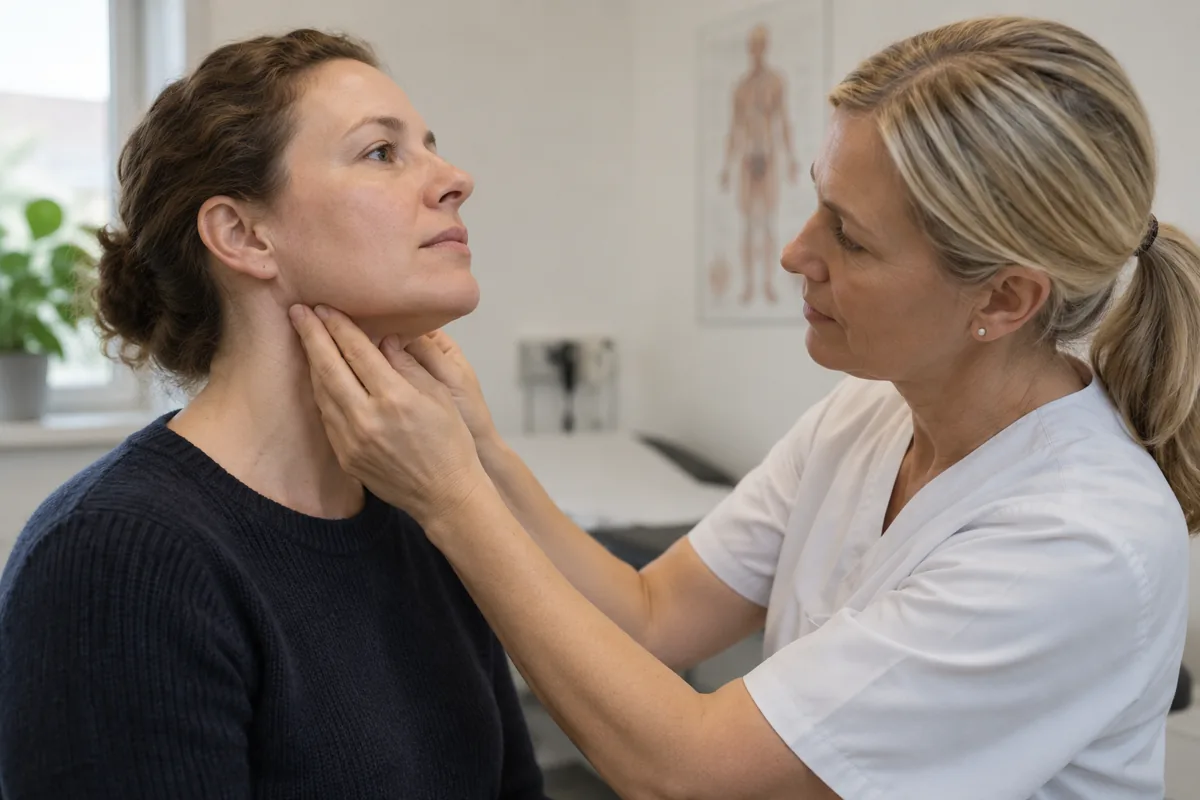 Vårdpersonal känner försiktigt på sidan av en vuxen persons hals.