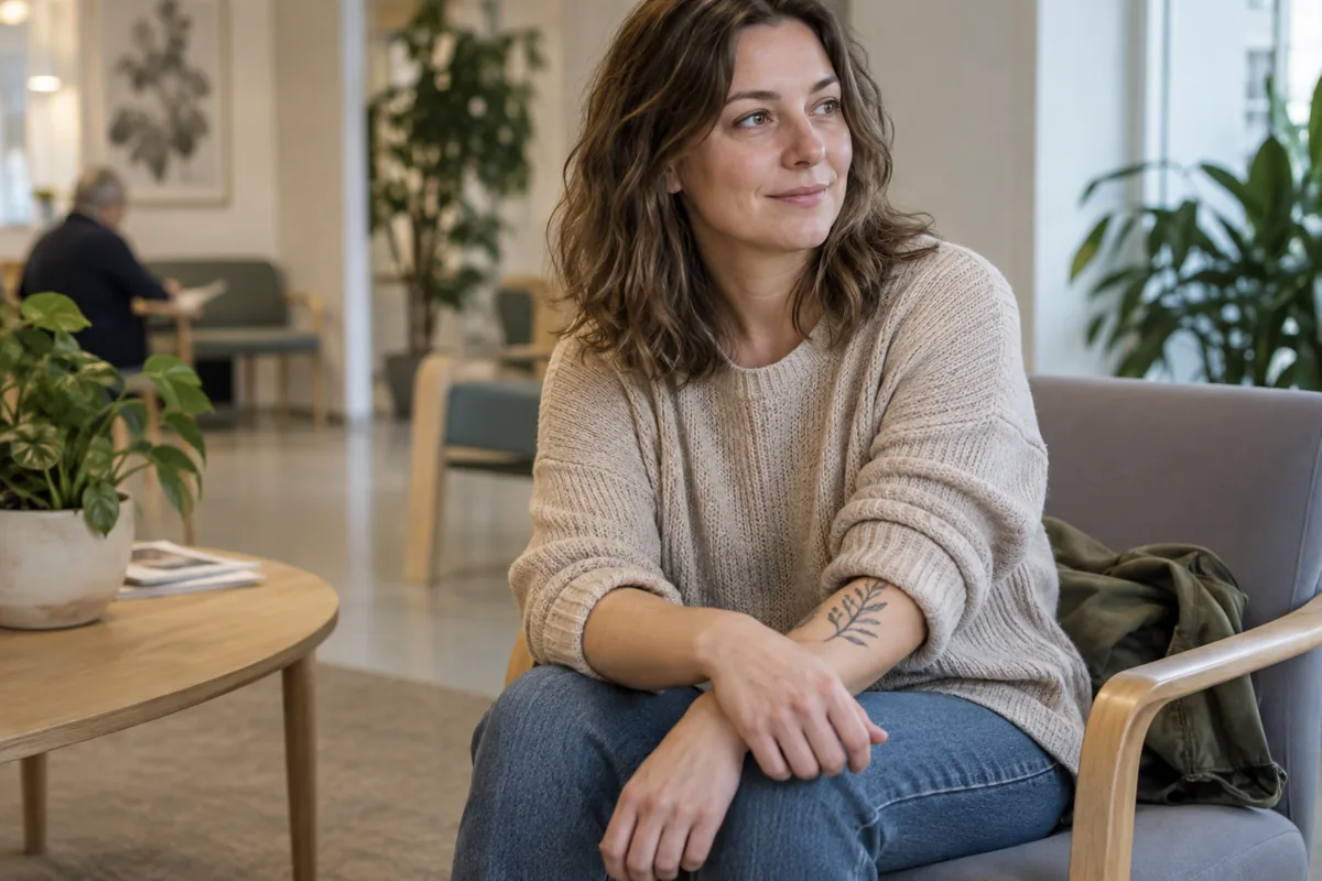 En vuxen person med en liten växttatuering på underarmen sitter i ett väntrum.
